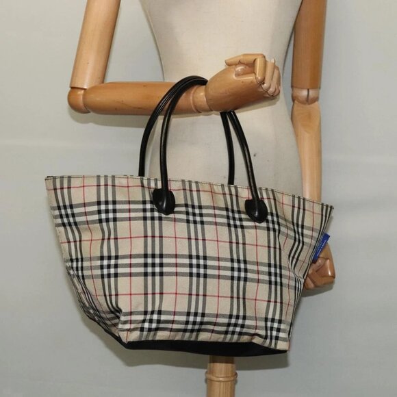 BURBERRY Nova Check Blue Label Tote Bag Nylon Beige Silver Auth - Picture 1 of 15